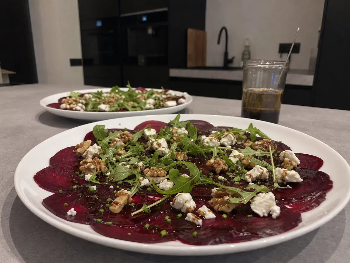 Bietencarpaccio met geitenkaas en walnoten (voorbeeldfoto)