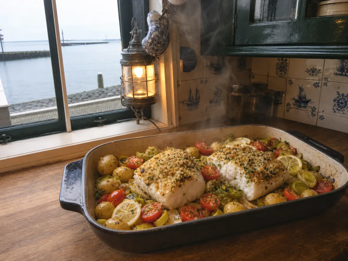 Kabeljauw uit de oven met groente (voorbeeldfoto)