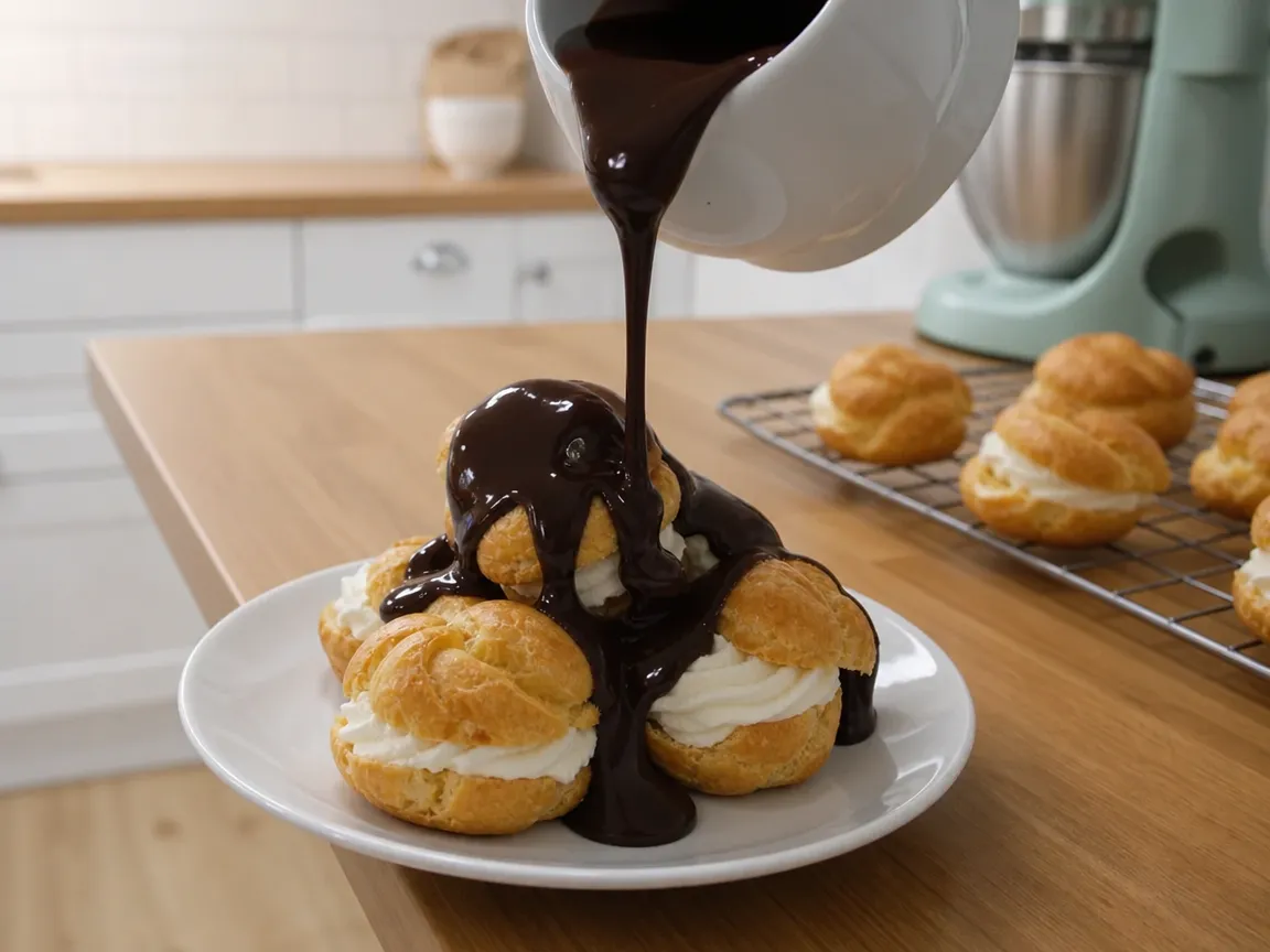 Profiteroles met chocoladesaus (voorbeeldfoto)